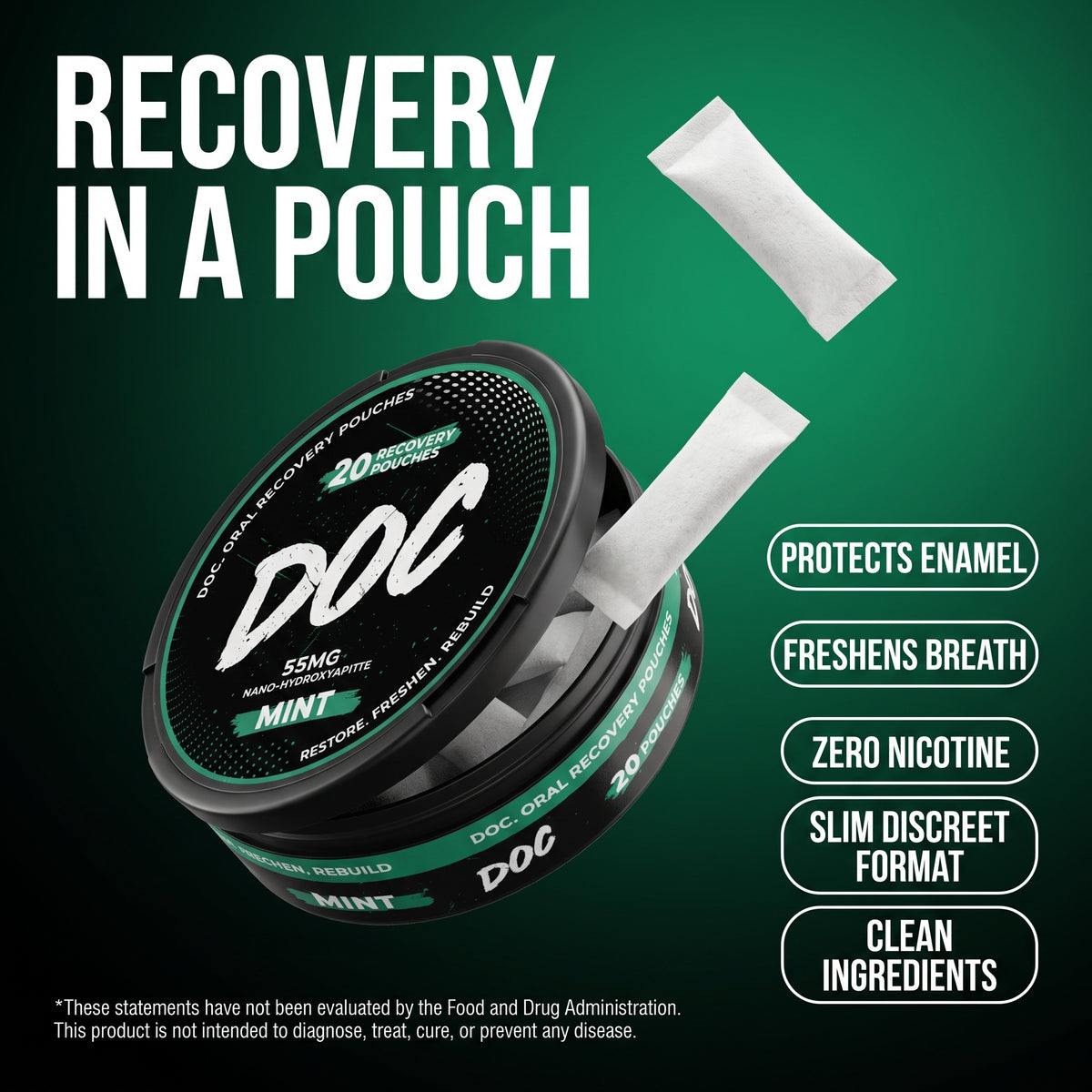 DOC oral recovery pouches - nicotine-free mineral pouches for gum health